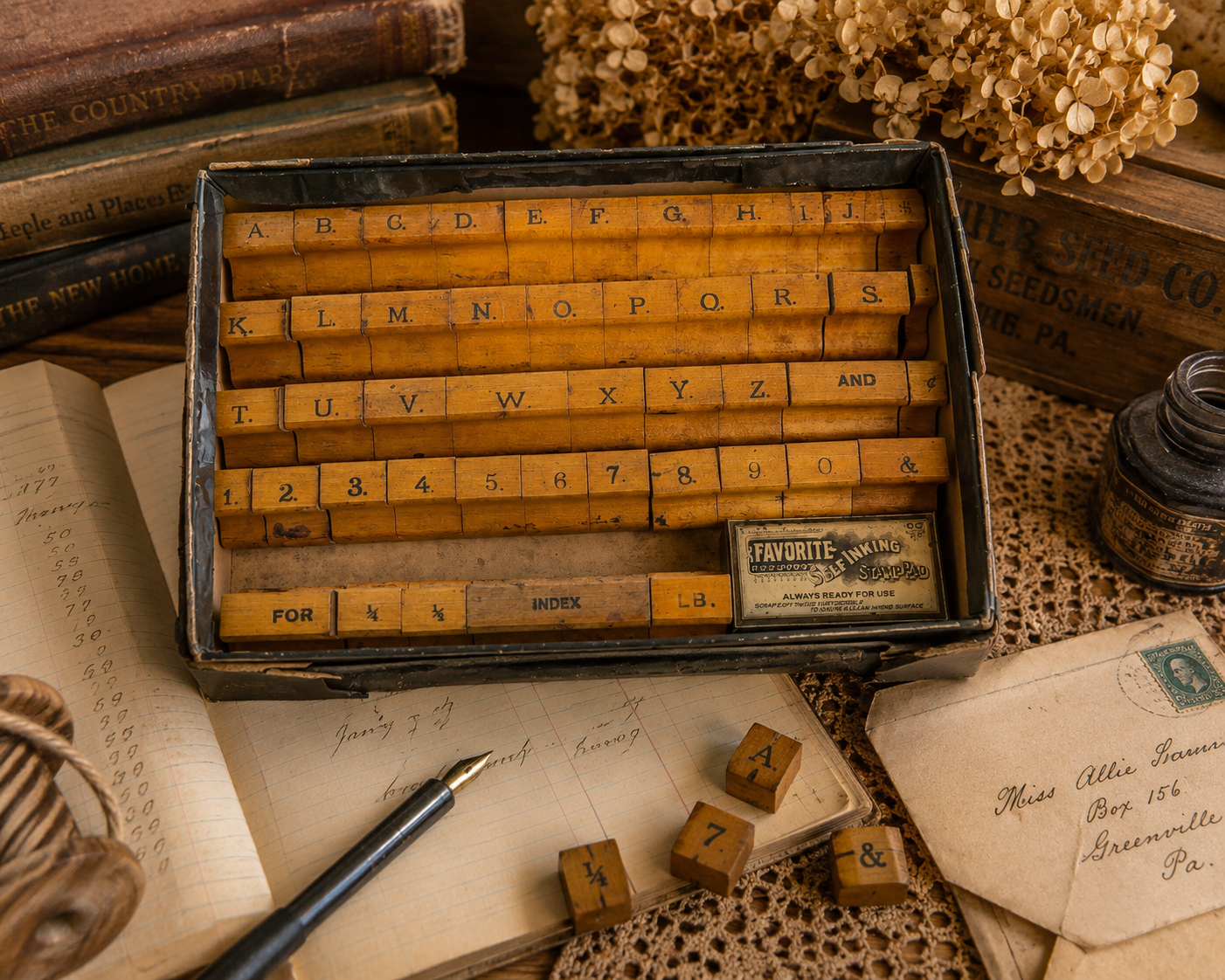 Vintage Wooden Alphabet Rubber Stamp Set with Original Favorite Self-Inking