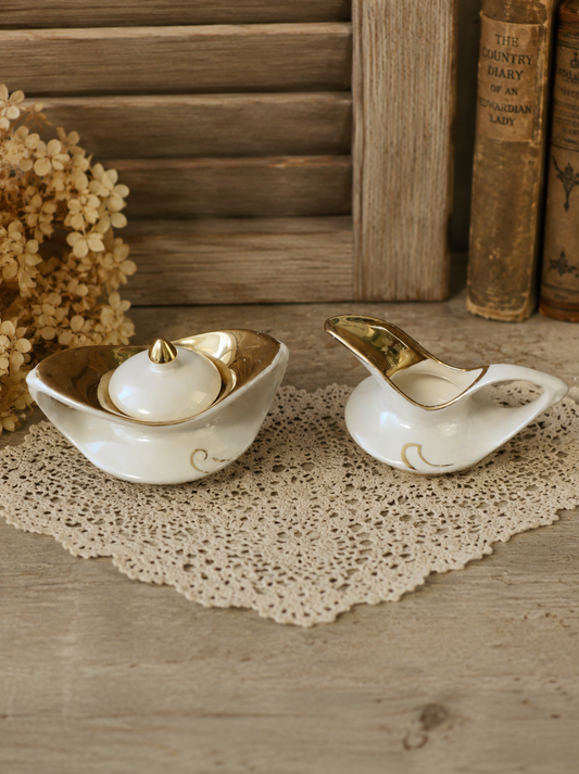 Vintage Lusterware Cream & Sugar Set | Iridescent Gold Trim | Cottage Kitchen Decor