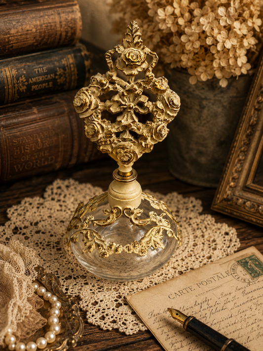 Vintage Ornate Perfume Bottle with Filigree Roses | Romantic Vanity Decor | Collector