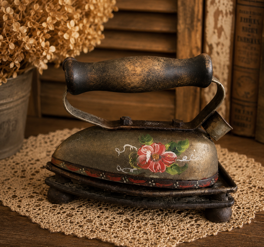 Hand-Painted Vintage Sad Iron | Decorative Antique Laundry Iron | Primitive Farm
