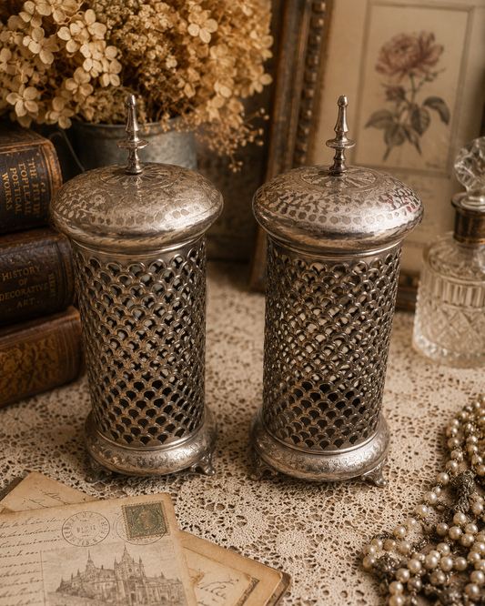 Pair of Antique Pierced Silverplate Light Shades | Architectural Salvage | Repurposed