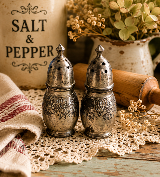 Vintage Silver-Plated Salt & Pepper Shaker Set | Floral Etched Cottage Kitchen Decor
