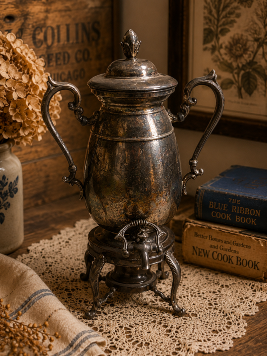 Vintage Silverplate Coffee Urn with Ornate Stand | Victorian Farmhouse Statement Decor