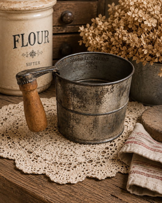 Vintage Bromwell’s Patent Flour Sifter with Wooden Handle | Rustic Farmhouse Kitchen Decor