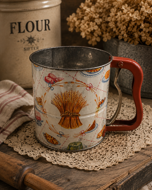 Vintage Mid-Century Flour Sifter with Harvest Print | Farmhouse Kitchen Decor