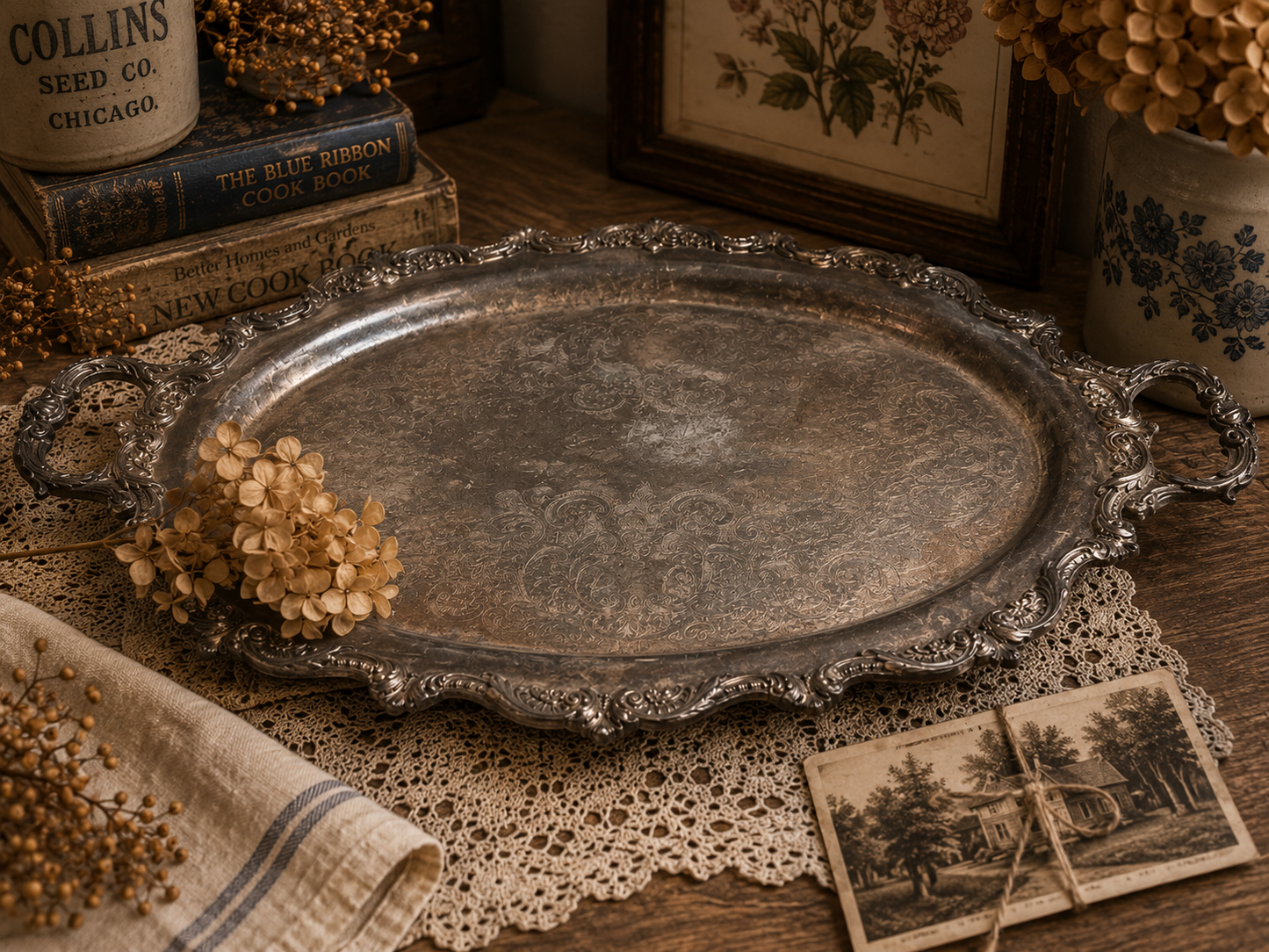 Vintage Silverplate Oval Serving Tray with Ornate Handles